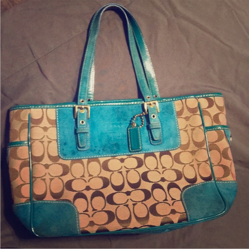 Coach Teal and Tan Signature Tote Bag